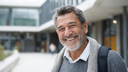 A cheerful man with silver hair stands outside a contemporary building radiating warmth and joy.の素材