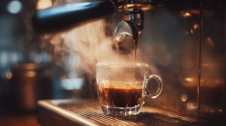 Steam rises as fresh espresso flows into a glass cup on a shiny machine creating a warm atmosphere.の素材