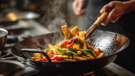 A chef skillfully stirs colorful vegetables and tofu in a hot wok steam rising in a lively kitchen.の素材
