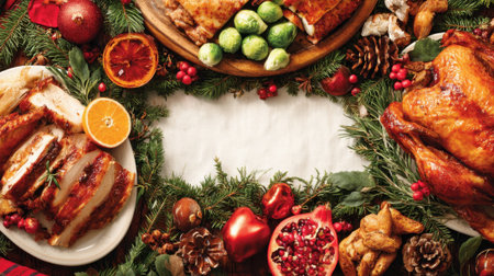 A welcoming table filled with delicious holiday dishes and vibrant seasonal decorations invites sharing and joy.の素材