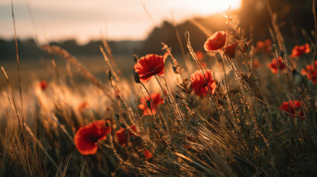 Vibrant red poppies stand tall among golden grasses as the sun sets in the background, casting a warm glow over the peaceful landscape, creating a tranquil atmosphere.の素材