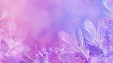 A vibrant blend of purple and pink hues fills the background, featuring delicate feather and floral patterns that create a calming and dreamy effect, ideal for creative designs.の素材