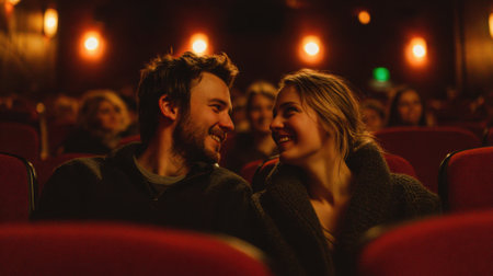 A young couple gazes at each other with joy surrounded by an audience in a dark theater.の素材
