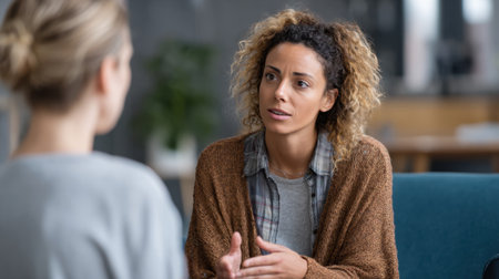 Two women are seated in a cozy space, engaged in a serious discussion. One woman listens attentively while the other speaks passionately, conveying strong emotions.の素材