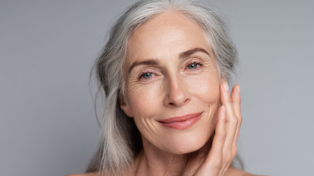 A woman with flowing gray hair smiles softly her hand resting on her cheek.の素材