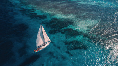 A beautiful sailboat glides across clear turquoise waters surrounded by vibrant coral reefs under a sunny sky.の素材