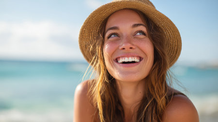 A woman smiles broadly while wearing a straw hat at the beach. The sun shines brightly, and the ocean sparkles in the background, creating a joyful summer atmosphere.の素材