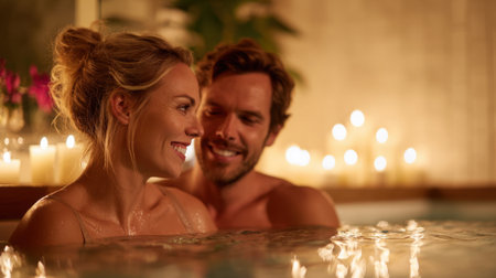 A couple sits close together in a warm bath surrounded by soft candlelight sharing smiles.の素材