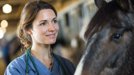 A veterinarian interacts gently with a horse in a classic barn setting showing compassion.の素材