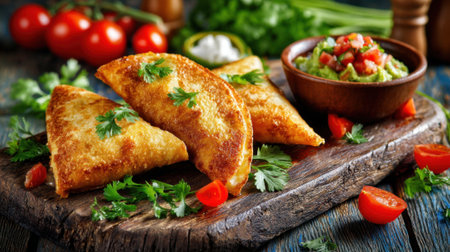 Crispy fried tortillas are arranged on a wooden board, garnished with fresh herbs, alongside a bowl of guacamole and colorful salsa made from ripe tomatoes.の素材