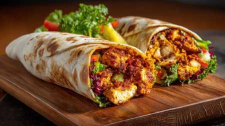 Warm wraps with juicy grilled chicken and colorful vegetables invite a delicious meal experience.の素材