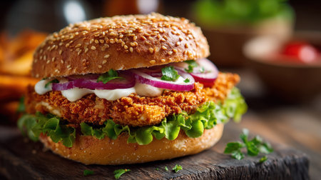 Freshly prepared crispy chicken sandwich with lettuce onions and sauce on a rustic wooden table.の素材