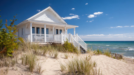 A charming white house sits near the sandy beach, surrounded by green grass and vibrant trees. The sun shines bright against a backdrop of clear blue skies and calm waves.の素材