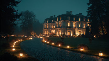 A grand mansion stands tall under the night sky with soft lantern lights lining the path and garden.の素材