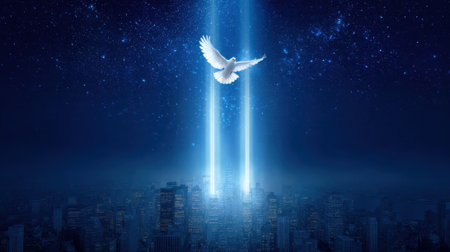 Bright beams of light pierce the night sky above a city skyline, symbolizing hope and remembrance. A white dove soars gracefully amidst the stars, adding a serene touch.の素材