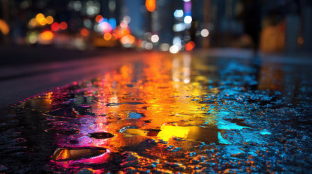 Wet pavement reflects vibrant city lights in the evening. Bright colors shimmer as pedestrians walk by, creating a lively urban scene filled with energy.の素材