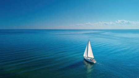 A sailboat moves smoothly across calm waters surrounded by endless blue skies and gentle waves.の素材