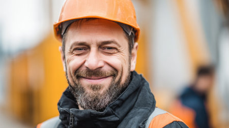 A hardworking construction professional beams with pride amidst ongoing projects showcasing dedication.の素材