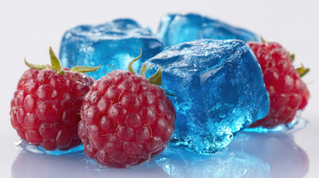 Vivid blue ice cubes are arranged around shiny red raspberries creating an appealing contrast.の素材