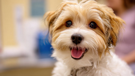 A playful puppy smiles widely at the vets office spreading joy and warmth all around during the visit.の素材