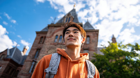 Smiling student with a backpack stands under a bright sky near ancient buildings soaking in the moment.の素材