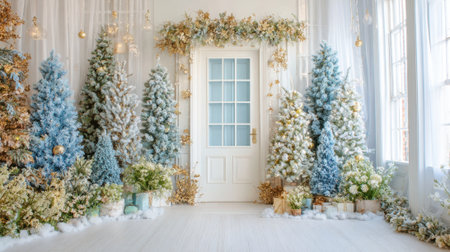 Frosted evergreen trees create a magical holiday scene next to a charming white door.の素材