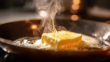 A piece of butter melts in a sizzling frying pan, releasing steam and a rich aroma. The warm kitchen gives a sense of home and comfort, perfect for cooking enthusiasts.の素材