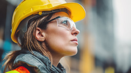 Construction supervisor gazes upward focused on work progress at the busy site ensuring safety.の素材