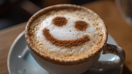 Warm cappuccino topped with foam art smiling face perfect for a relaxing afternoon in a cafe.の素材