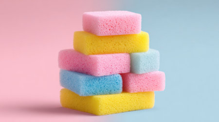 A stack of vibrant cleaning sponges in pink, yellow, and blue hues is arranged playfully against a soft pastel-colored backdrop, creating a cheerful and tidy atmosphere.の素材