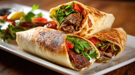 Delicious wraps with grilled meat vibrant greens and juicy tomatoes await hungry diners.の素材