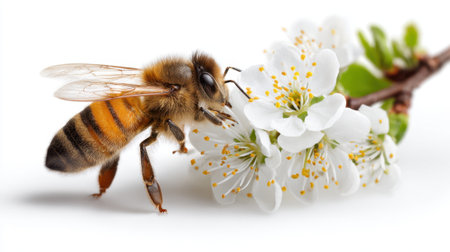 A honey bee is collecting seen nectar from a delicate white flower. The setting is bright and cheerful, showing the beauty of springtime and nature's pollination process.の素材