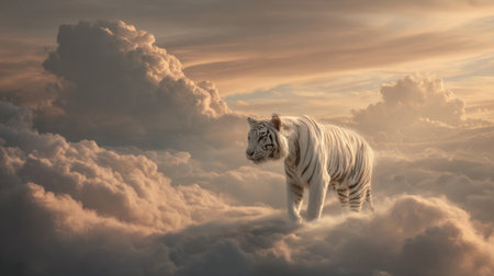 A white tiger roams among fluffy clouds as the sun sets casting warm light across the sky.の素材