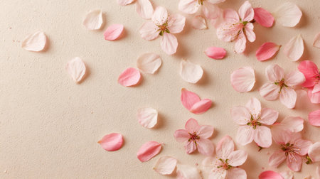 Delicate petals in shades of pink and white lay gracefully on a cream surface evoking tranquility.の素材
