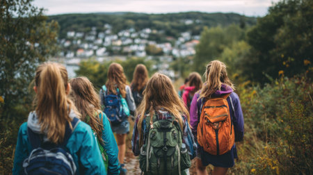 A group of young girls with backpacks walks down a nature trail towards a charming town.の素材