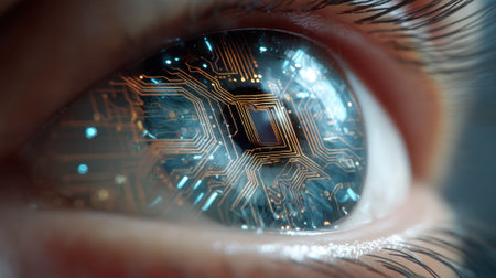 A close look at a human eye with intricate electronic circuits and lights reflected in the iris. This mix of biology and technology suggests innovative advancements ahead.の素材