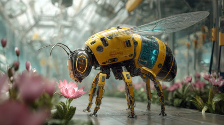 A robotic bee approaches blooming flowers in a modern greenhouse filled with technology.の素材