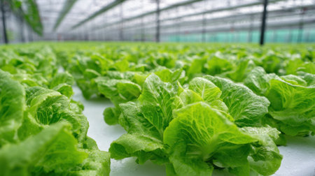 Rows of vibrant green lettuce flourish in a spacious greenhouse under warm sunlight.の素材