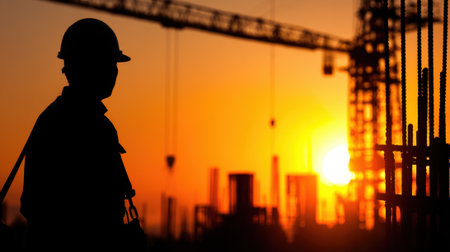 A construction worker stands silhouetted watching the sun set behind the skyline of a bustling city.の素材