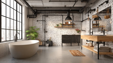 Stylish bathroom showcases a freestanding tub industrial elements and greenery for a fresh feel.の素材