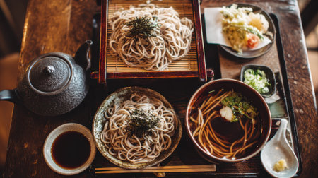 Delicious soba noodles paired with crispy tempura and fragrant green onions at a warm eatery.の素材