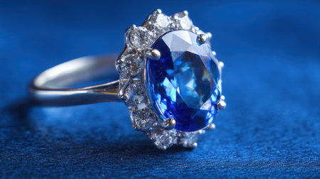 A stunning blue sapphire ring is showcased with diamond accents against a deep blue fabric backdrop.の素材