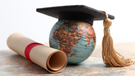A graduation cap rests atop a globe with a rolled diploma beside it on a world map symbolizing knowledge.の素材