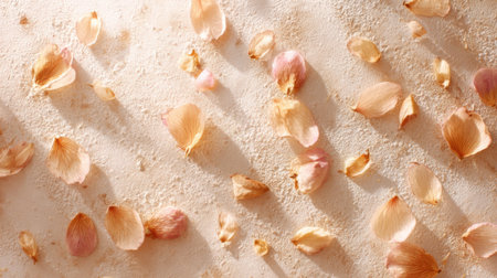 Soft peach petals lay scattered on a textured surface illuminated by gentle sunlight.の素材
