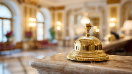 Shiny golden bell rests on a polished marble counter signaling attentive service in a sophisticated hotel lobby.の素材