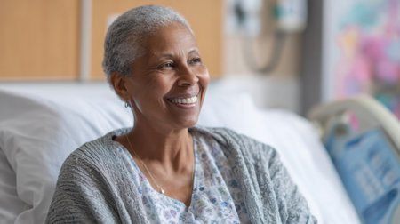 Woman with short gray hair relaxes in a hospital bed smiling and embracing a moment of joy.の素材
