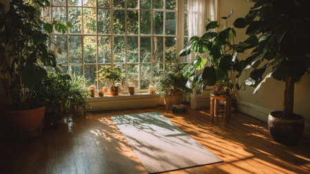 A peaceful room featuring a yoga mat surrounded by vibrant plants with sunlight streaming through large windows.の素材