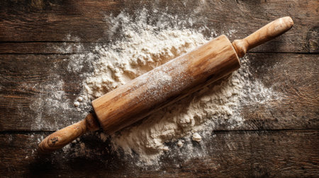 A rolling pin rests on a wooden surface scattered with flour, suggesting preparation for baking. The scene captures a cozy kitchen atmosphere ideal for making pastries or bread.の素材