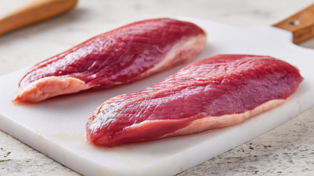 Two vibrant beef fillets lie on a cutting board offering a fresh look for cooking.の素材