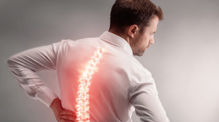 A man stands with a pained expression holding his lower back as his spine glows softly in a clinical environment.の素材